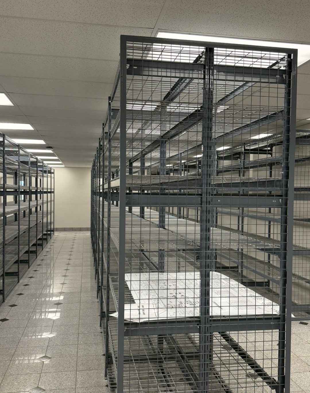 Rows of grey wire industrial shelving installed in a finished facility